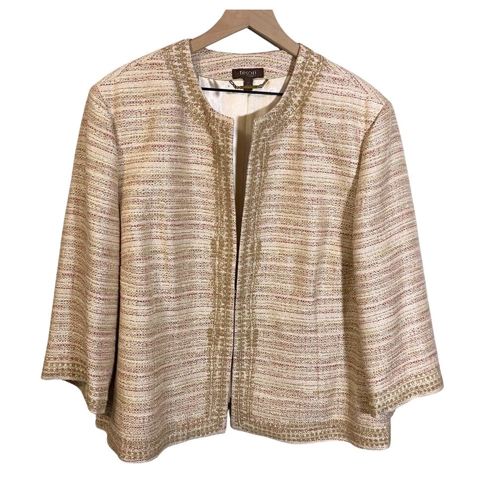 Tesori Woman Cream Light Pink Tweed Embellished Blazer Jacket Plus Size 2X